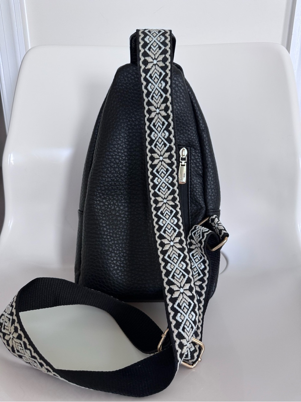 Black Leather Sling Backpack w Embroidered Boho Guitar Strap Crossbody Backpack - Picture 6 of 14